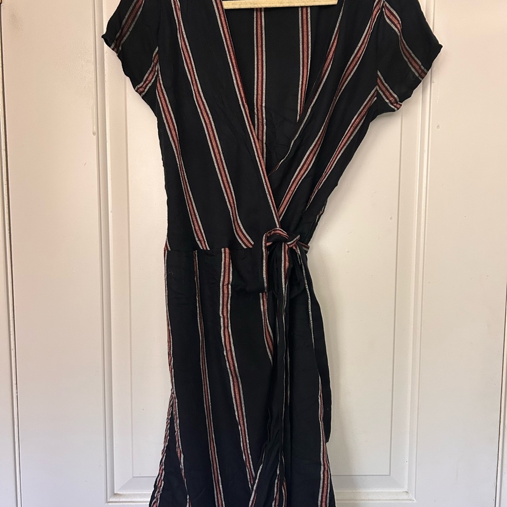 Lira Black Wrap Mini Dress with Red and Cream Stripes